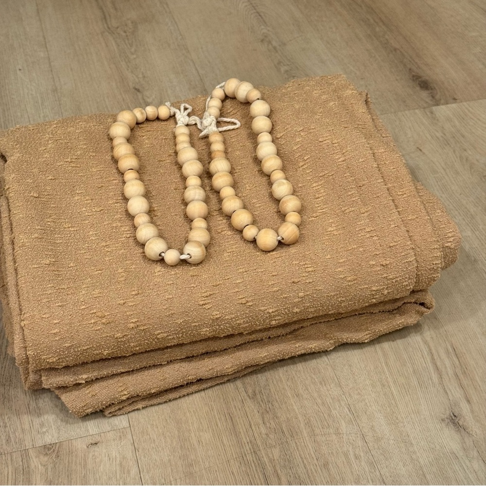 Threshold Light Filtering Tan Boucle Curtains Set wooden beads (2 curtains)